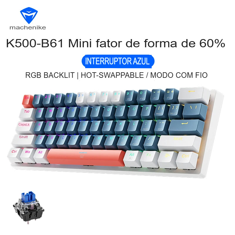 Teclado Mecânico Gamer Machenike K500-B61 – 60% Mini, Layout  US, RGB, Hot-Swappable, NKRO, Com Fio - UpgradeJá
