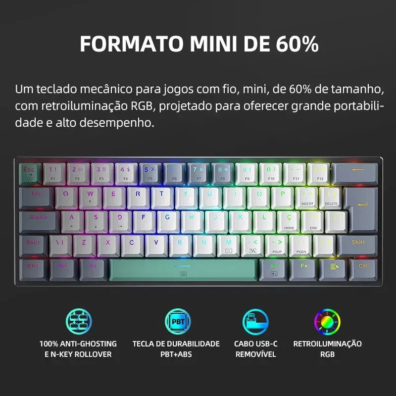 Teclado Mecânico Gamer Machenike K500-B61 – 60% Mini, Layout  US, RGB, Hot-Swappable, NKRO, Com Fio - UpgradeJá