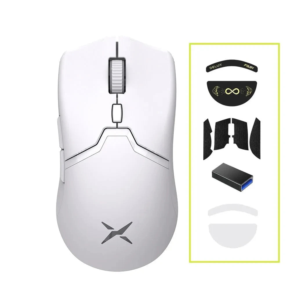 Mouse Gamer Delux M800 PRO – Sensor PAW3395, 26.000 DPI, Conexão Tri-Modo (Bluetooth/2.4G/USB), Switches Huano Rosa, Macros e Design Ergonômico para PC - UpgradeJá