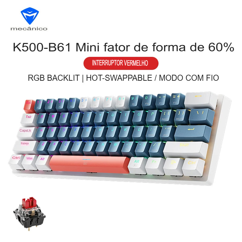 Teclado Mecânico Gamer Machenike K500-B61 – 60% Mini, Layout  US, RGB, Hot-Swappable, NKRO, Com Fio - UpgradeJá