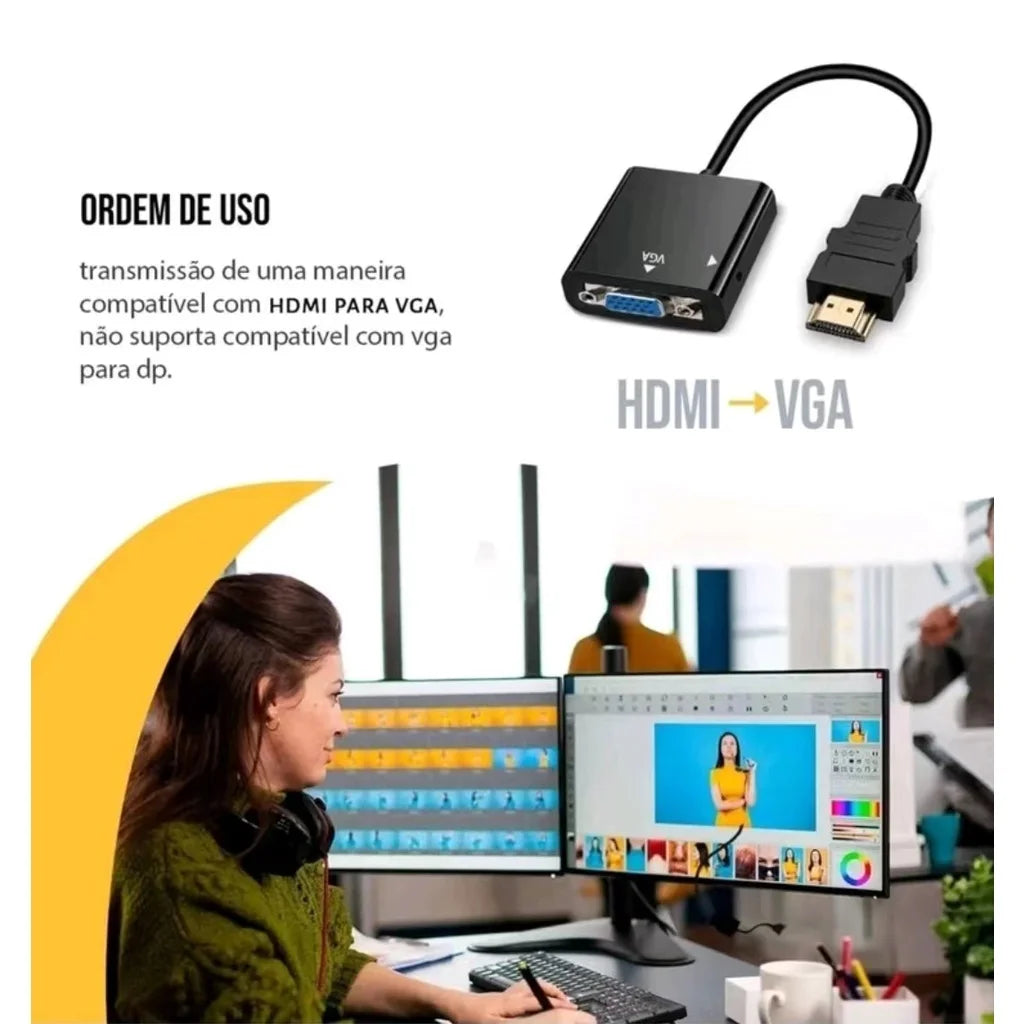 Cabo Adaptador Conversor HDMI para VGA com Saída de Áudio P2 (ALFA) - UpgradeJá