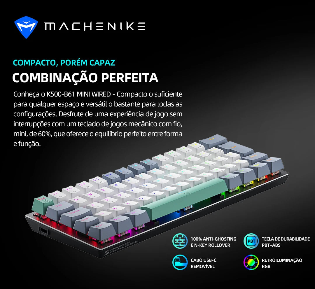 Teclado Mecânico Gamer Machenike K500-B61 – 60% Mini, Layout  US, RGB, Hot-Swappable, NKRO, Com Fio - UpgradeJá