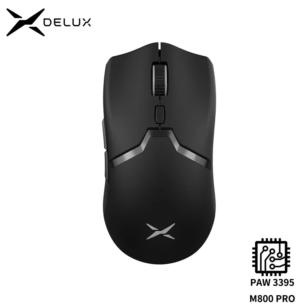 Mouse Gamer Delux M800 PRO – Sensor PAW3395, 26.000 DPI, Conexão Tri-Modo (Bluetooth/2.4G/USB), Switches Huano Rosa, Macros e Design Ergonômico para PC - UpgradeJá